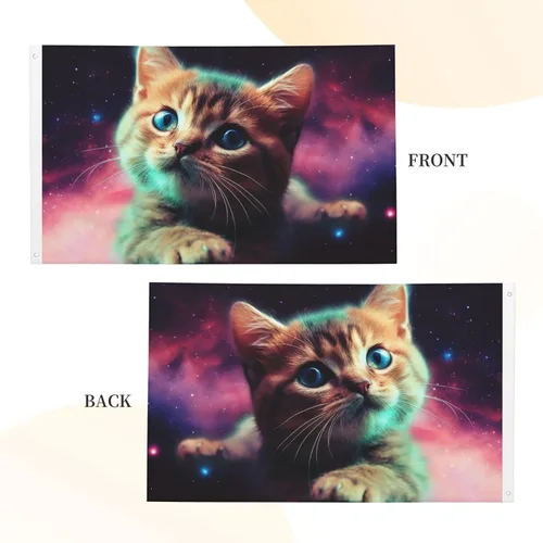 Vista 4 de Bandera de jardín impresa con diseño de gato y galaxia de 3 x 5 pies, bandera para exteriores, bandera de brisa, banderas a prueba de decoloración