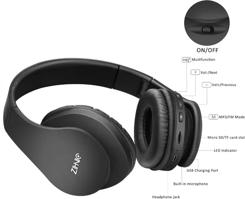 Vista 4 de ZIHNIC Auriculares Bluetooth sobre la oreja, auriculares estéreo inalámbricos y con cable plegables micro SD/TF, FM para teléfono celular, PC