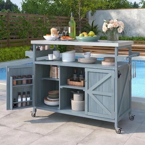 Vista 16 de Delicate Rolling Kitchen Island Cart with Rubber Wood Drop-Leaf Countertop and Lockable Rollers,Storage Cabinet and 2 Drawers,Sliding Barn Door