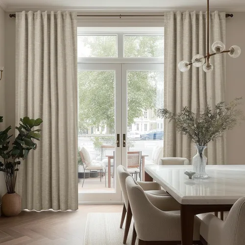 Vista 4 de Deconovo Cortinas de lino sintético 100% opacas con pestañas ocultas y cinta plisada, alzapaños incluidos, cortinas con aislamiento térmico