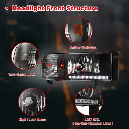 Vista 4 de Nixon Offroad Faros delanteros para Dodge Ram 1500 2500 3500 1994-2002 Conjunto de faros LED Proyector DRL de repuesto Luces de señal de giro Luces