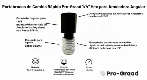 Vista 3 de Convertidor de vástago hexagonal de 1/4", soporte de brocas de cambio rápido para amoladoras angulares 5/8-11