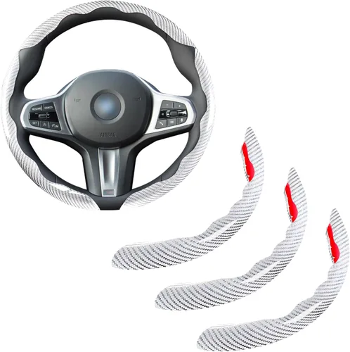 Vista 12 de Juego de fundas para volante de automóvil, funda de fibra de carbono brillante, antideslizante, 3 piezas, accesorios para volante de 14.5-15 negro