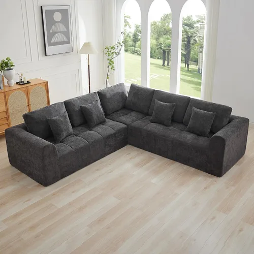 Vista 21 de Sofás seccionales modulares de 110 pulgadas para sala de estar, sofá seccional comprimido sin hueso, sofá de espuma viscoelástica tapizado de 3 Beige