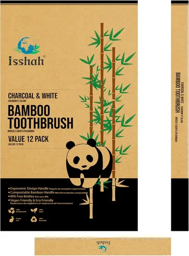 Vista 8 de Isshah Cepillos de dientes de carbón de bambú natural biodegradables, ecológicos, certificado FSC y aprobado por PETA, 12 unidades Aprobado por