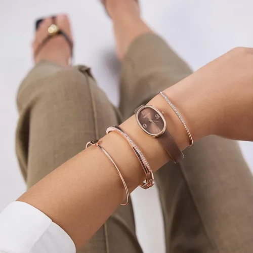 Vista 2 de TIME100 Reloj ovalado para mujer y pulsera acentuada con cristal de primera calidad, correa de cuero