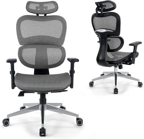 Vista 10 de CAPHAUS Silla de oficina ergonómica abatible, silla de escritorio acolchada de malla transpirable, soporte lumbar, silla giratoria con ruedas
