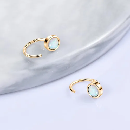 Vista 5 de Aretes de aro de plata de ley 925 con piedras preciosas sintéticas, ópalo, turquesa, piedra lunar, circonita cúbica, para mujer, diseño minimalista