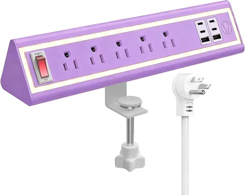 Vista 8 de Regleta de alimentación con abrazadera de escritorio con luz nocturna, carga rápida de 40 W, cable de extensión de 6 pies, USB-C de 4 x 20 W y 2