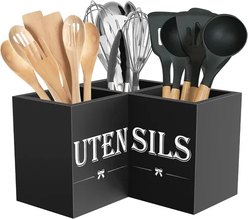 Vista 9 de Suli Soporte extra grande para utensilios de cocina con 3 compartimentos, organizador de utensilios de esquina para encimera, organizador