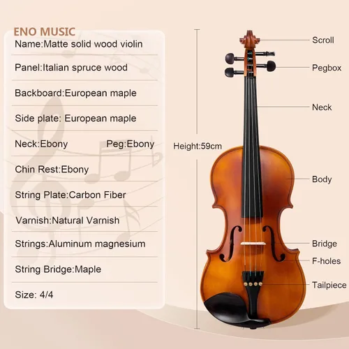 Vista 2 de ENO MUSIC Kit de violín de tamaño completo 4/4 para principiantes y adultos con arco de colofonia y estuche rígido, todos los accesorios
