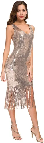 Vista 4 de VVMCURVE Vestido sexy con cuello en V para mujer, con lentejuelas, con purpurina, elástico, vestido de fiesta de los años 20, gran Gatsby