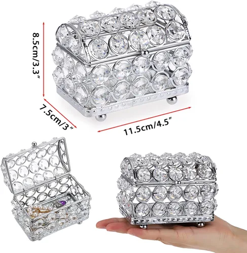 Vista 4 de Hipiwe Caja de joyería de cristal con espejo plateado para cofre del tesoro, pequeña caja de recuerdos, vitrina decorativa para joyas, organizador