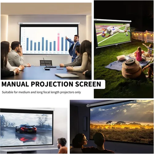 Vista 9 de WASJOYE Pantalla de proyector de 84 pulgadas manual desplegable – Pantalla de proyección retráctil HD 16:9 con bloqueo automático – Pantalla