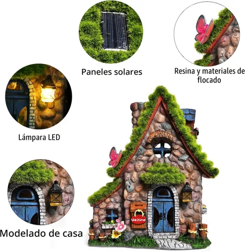 Vista 3 de Estatuas de casa de hadas de resina ASAWASA con luces solares, esculturas de jardín divertidas con decoración flocada y adoquinada, exquisitas
