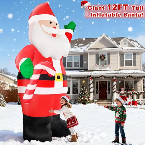 Vista 4 de Inflables gigantes de Navidad de 12 pies por 7 pies, decoraciones navideñas de Papá Noel para exteriores, Papá Noel inflable sostiene bastón