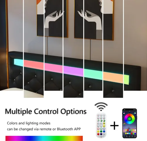Vista 4 de TTVIEW Base de cama Queen con luces LED, marco de cama de plataforma de cuero con cabecera tapizada ajustable, luces LED de control de aplicación