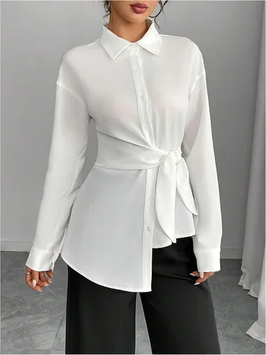 Vista 4 de MakeMeChic Camisa de manga larga con botones para mujer, blusa de negocios elegante con lazo lateral