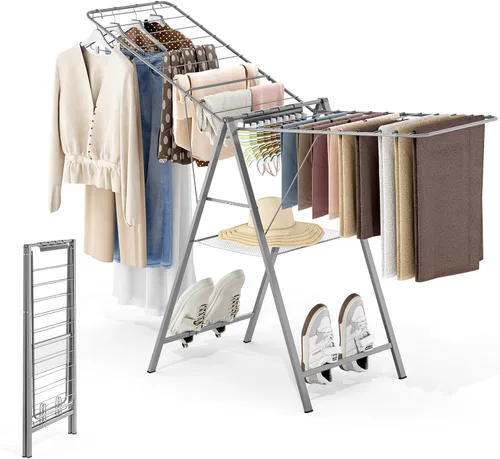 Vista 11 de APEXCHASER Perchero de Ropa Plegable, Perchero de Secado de Metal para Lavandería con Barras de Altura Ajustable, Perchero Ultra Delgado para Ropa