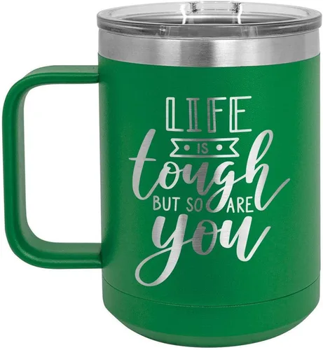 Vista 9 de LIFE IS TOUGH BUT SO ARE YOU Negro Taza de café de 15 oz con tapa deslizante Taza de café de viaje aislada Ideas de regalos de cumpleaños