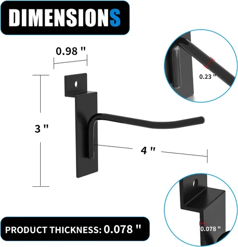 Vista 2 de Ganchos de pared de listones de 4 pulgadas, gancho de pantalla de pared de listones negros, 25 ganchos para accesorios de panel de pared de listones