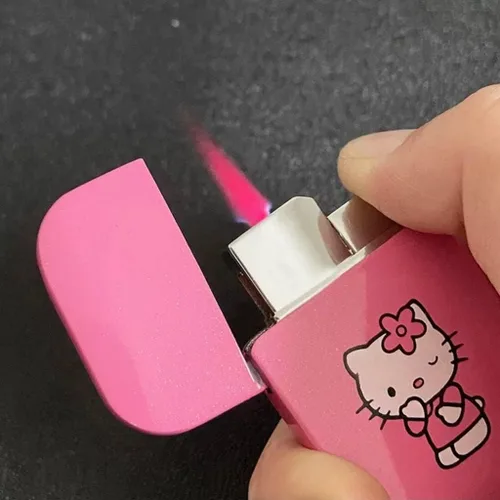 Vista 3 de NIVEK Encendedor de bolsillo con llama rosa KT Cat recargable Kawaii Y2K estética a prueba de viento llama