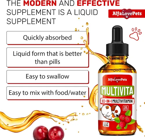 Vista 6 de Multivitamínico líquido para perros – Multivitaminas para gatos de interior – 10 en 1 vitaminas líquidas para perros complejo B, C, D3 – Digestión