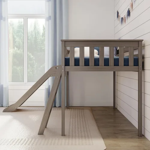 Vista 5 de Max & Lily Cama tipo loft baja tamaño individual con tobogán y escalera, muebles clásicos de madera maciza para dormitorio de niños, capacidad