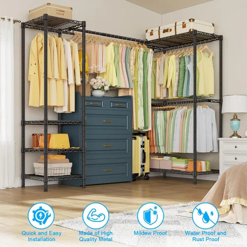 Vista 5 de ULIFHOME E10L - Perchero en forma de L para esquina (con barra de suspensión expandible), resistente y independiente para colgar ropa, perchero