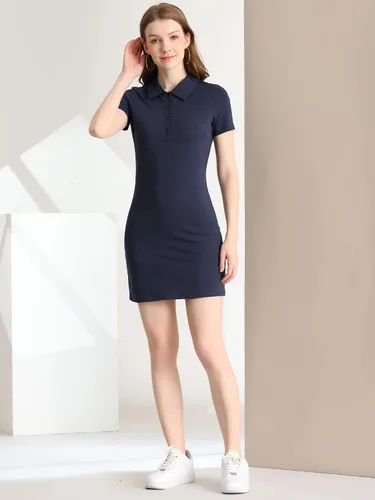 Vista 3 de Allegra K Vestido de manga corta para mujer, con cuello polo, para golf, tenis, elástico, mini vestido de algodón, M