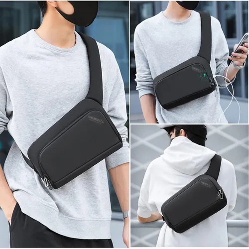 Vista 6 de Riñonera para hombres y mujeres, impermeable, para viajes, correr, con puerto de carga USB, Azul