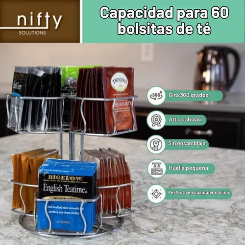 Vista 4 de Nifty - Carrusel giratorio de bolsitas de té, 6 compartimentos, hasta 60 bolsas de té, giros de 360 grados, plataforma Lazy Susan, diseño cromado