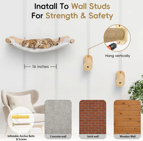 Vista 5 de Hamaca de pared para gatos, 2 estantes de escalada para gatos, estantes de pared grandes para cama y tabla rascadora para escalar, dormir, jugar