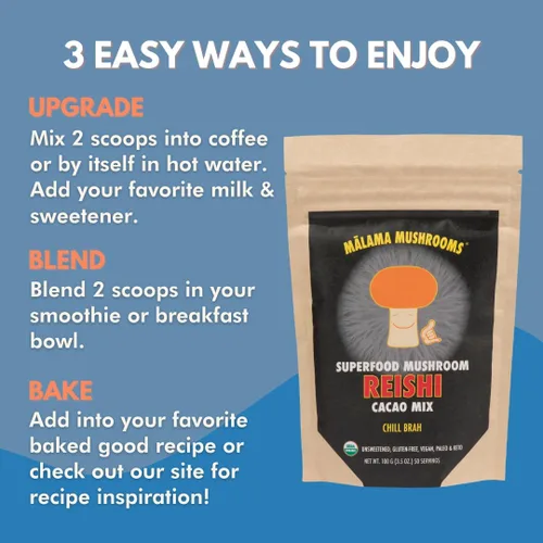Vista 8 de Malama Productivity & Chill Bundle – Mezclas de cacao caliente de melena de león y hongos Reishi – Superalimentos adaptogénicos funcionales