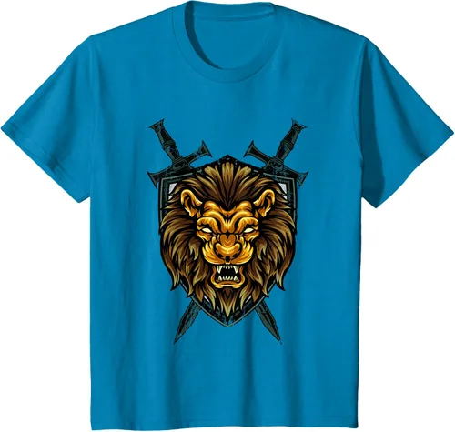 Vista 83 de Camiseta con diseño de caballero medieval renacentista, con diseño de espada de león, Negro, S