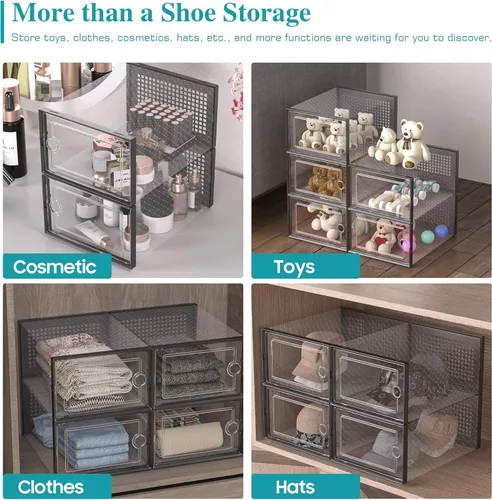 Vista 6 de Kuject Cajas grandes de almacenamiento de organizadores de zapatos para armario, paquete de 12 contenedores apilables de plástico transparente