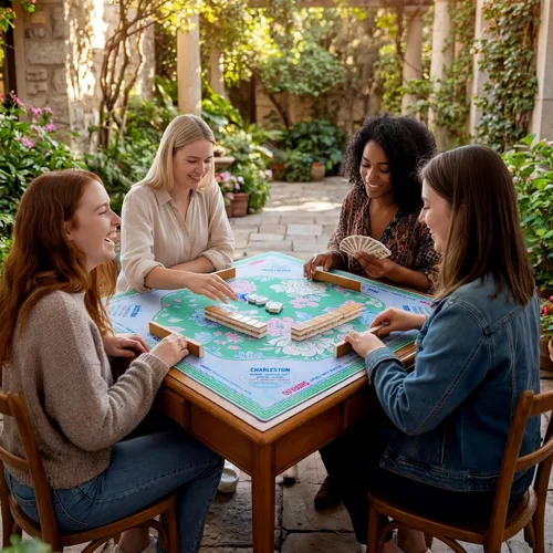 Vista 6 de Soulchen Tapete Mahjong americano de flores azules y verdes para mesa con Azul y verde