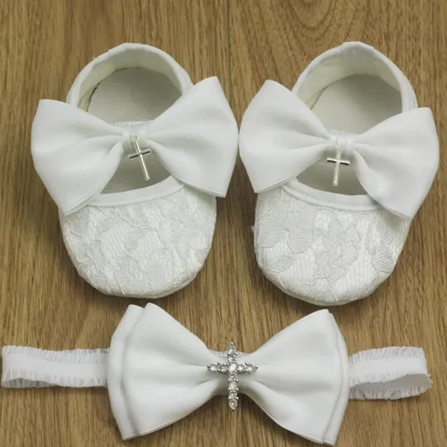 Vista 2 de Nihao Baby Conjunto de zapatos de bautismo y diadema blancos para niñas