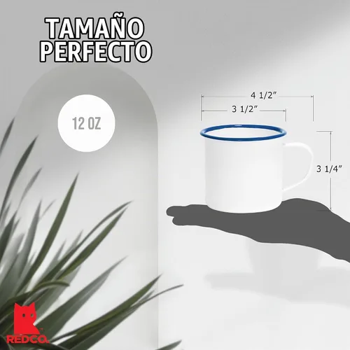 Vista 3 de Red Co. Juego de 6 tazas redondas de café y té de metal esmaltado de 12 onzas con asa, borde blanco sólido y azul marino