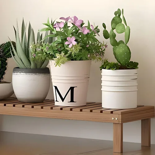 Vista 4 de Soporte rectangular para plantas de madera maciza de 1 nivel, 4 patas, flores, suculentas, rábano verde, de una sola capa, escalera de balcón Marrón
