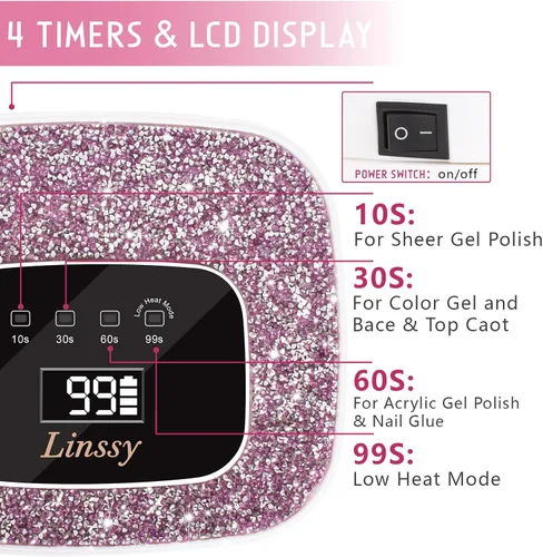 Vista 3 de Linssy - Lámpara de uñas recargable UV LED, lámpara de gel de uñas inalámbrica portátil Gel Nail Dryer Light 4 Timings & Diamond LCD Screen with