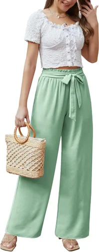 Vista 4 de Feiersi Pantalones casuales de pierna ancha para mujer, de cintura alta, para negocios, trabajo, casual, holgados, holgados, para playa, palazzo