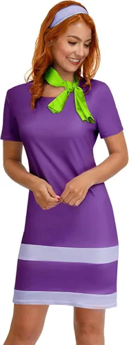 Vista 3 de For G and PL Disfraz de Halloween de manga corta para mujer, minivestido morado con bufanda y diadema