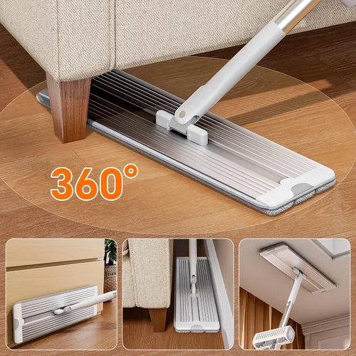 Vista 5 de Trapeador de microfibra autoescurridor, trapeador plano manos libres con hoja para escurrir, panel de aluminio, secado húmedo para apartamentos