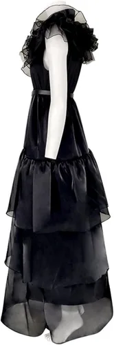Vista 3 de Hqroidd Vestido de Wednesday Addams para mujer, disfraz de fiesta de graduación, falda de tul de malla negra con cinturón, disfraz de Halloween