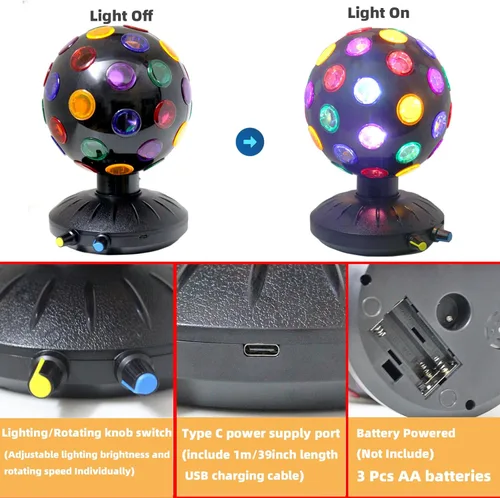 Vista 3 de Proyector de luz nocturna LED de bola de discoteca giratoria de 360°, lámpara ajustable de brillo para fiestas, iluminación, Halloween, Navidad