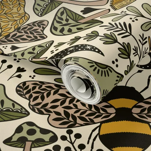 Vista 2 de Muestras de papel tapiz autoadhesivo - Nouveau Naturaleza Verde Amarillo Mariposa Naturaleza Bosque Plantas Art Nouveau Polilla Bohemia Abeja