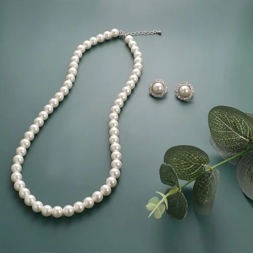 Vista 3 de Aleasha 8mm Faux Pearl Necklace Earrings Set for Women Round White Pearl Zirconia Earring Brides Wedding Jewelry Gifts