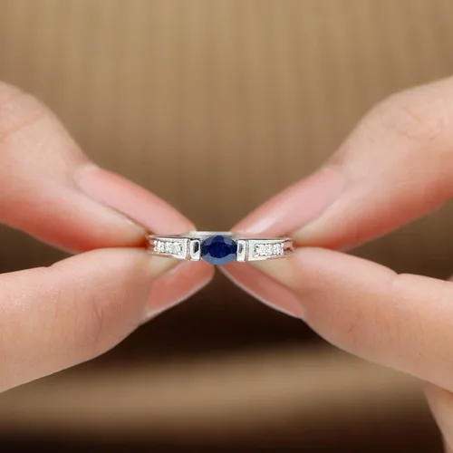 Vista 5 de 12 CT Blue Sapphire and Diamond Band Ring, 4X5 MM Oval Cut Blue Sapphire Solitaire Band Ring, Bar Set Blue Sapphire Gold Band,14K Solid Gold