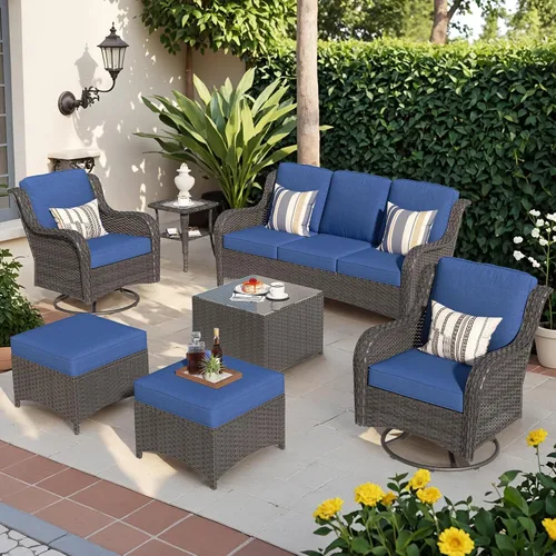 Vista 22 de Juego de muebles de exterior para patio, silla y sofá (ratán marrón, beige, 3 piezas)